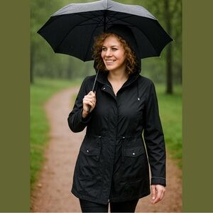 LAUNDRY BY DESIGN NYLON BLACK LEOPARD LINING & TRIM HOODED UTILITY JACKET SZ XL